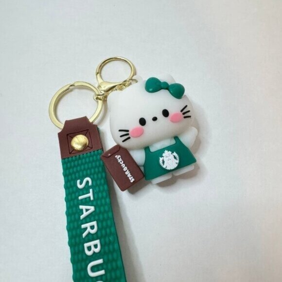 Starbucks Hello Kitty Keychain Green Apron Book Sanrio Collab Strap - Picture 3 of 7